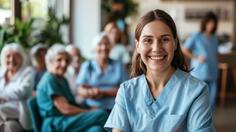 An older adult smiles while arranging personal items in a cozy, sunlit apartment.